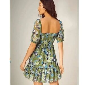 Wilfred Free Aritzia Laken Smocked Floral Puff Sleeve Mini Dress - Navy Multi